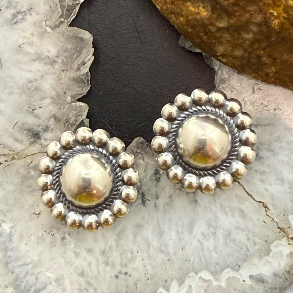 Native American Sterling Silver Round Dome Decorated Stud Earrings For Women #1