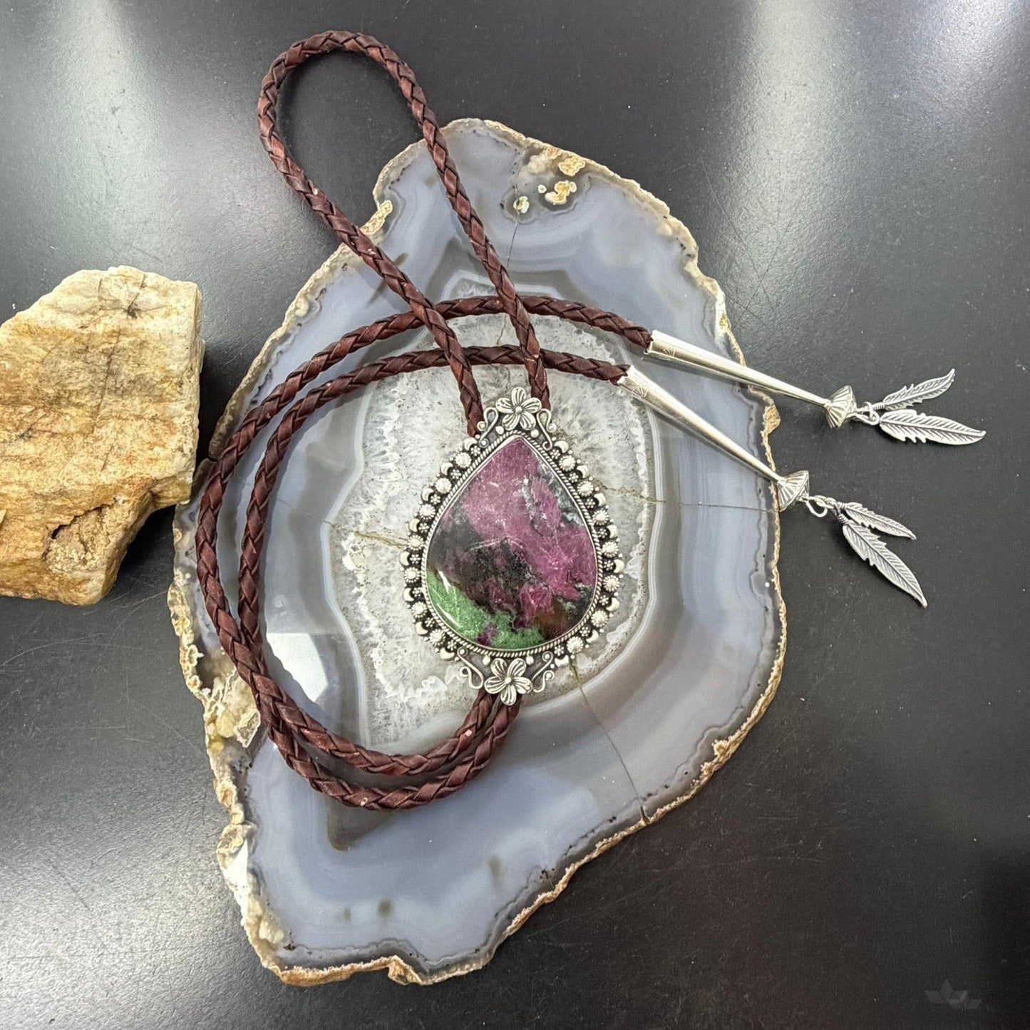 Sterling Silver Southwestern Style Large Teardrop Ruby Zoisite Bolo Tie For Men