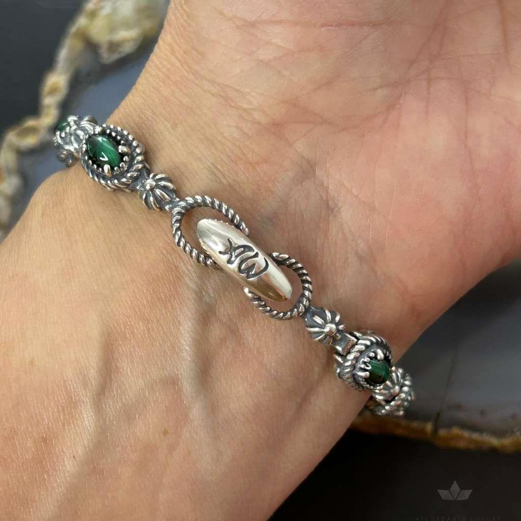 Carolyn Pollack Sterling Silver 9 Oval Malachite Link Bracelet For Women