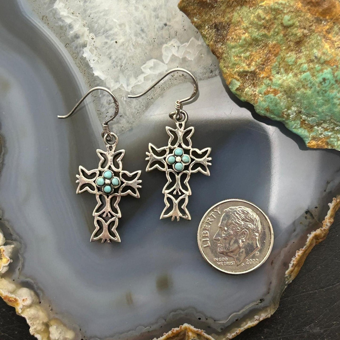 Sterling Silver Southwestern Style Turquoise Cross Dangle Earrings For Women