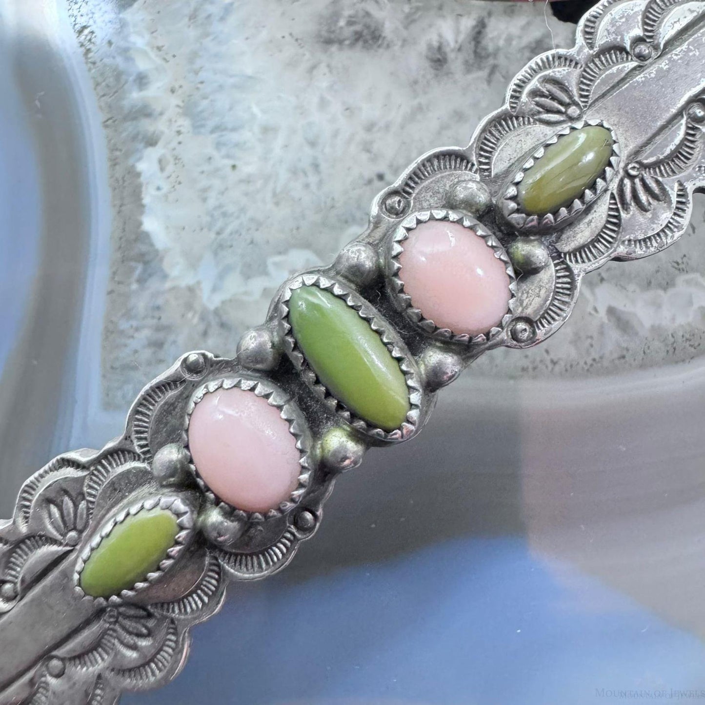 Ron Wesley Vintage Silver Green Turquoise & Angel Skin Coral Hair Barrette