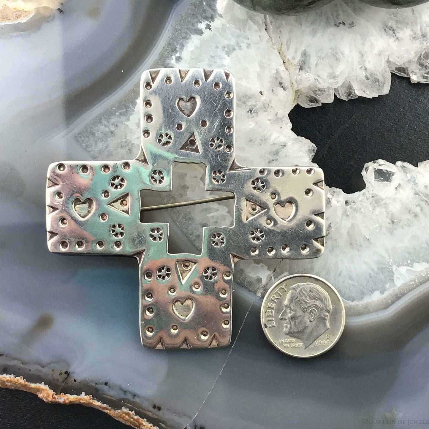 Silver Stamped Cross Brooch For Women or Men, Catholic Gift Religious Symbol