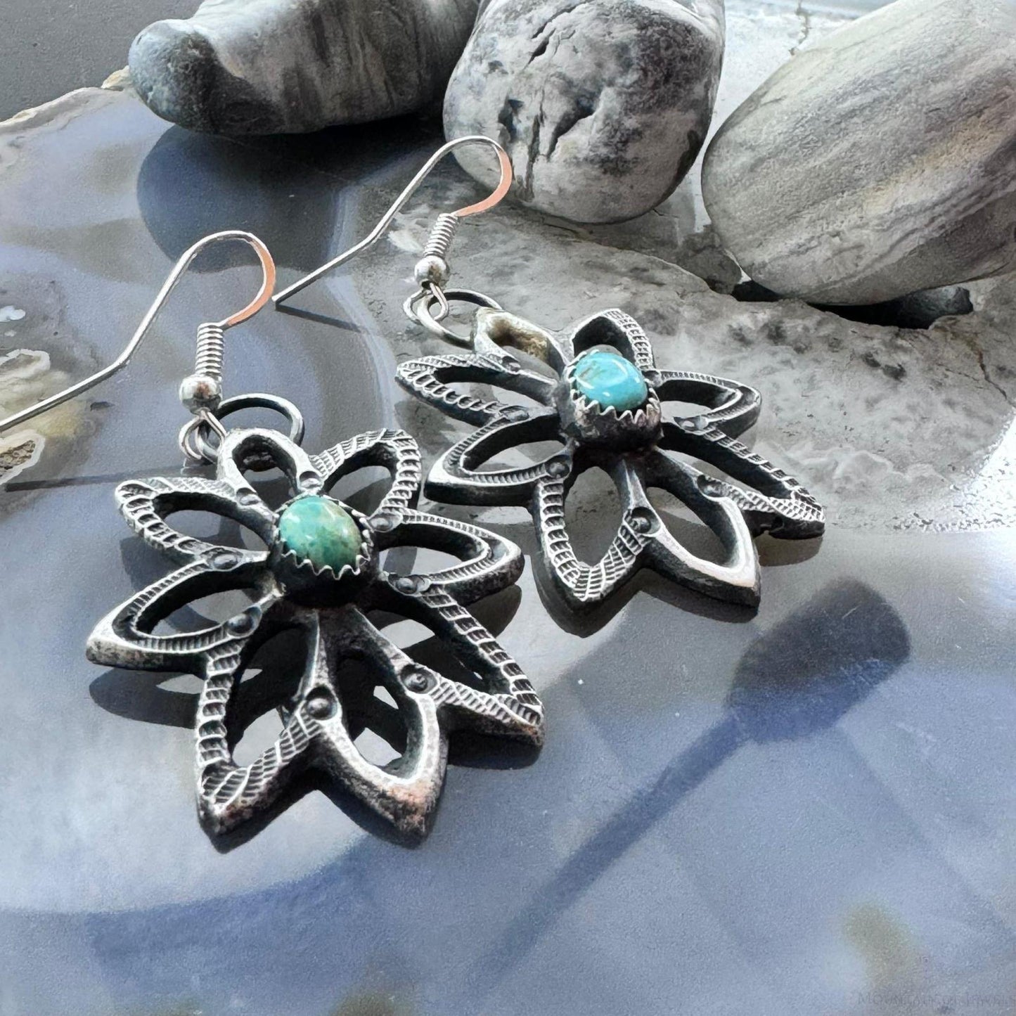 Linberg Billah Native American Sterling Silver Turquoise Sandcast Dangle Earrings For Women