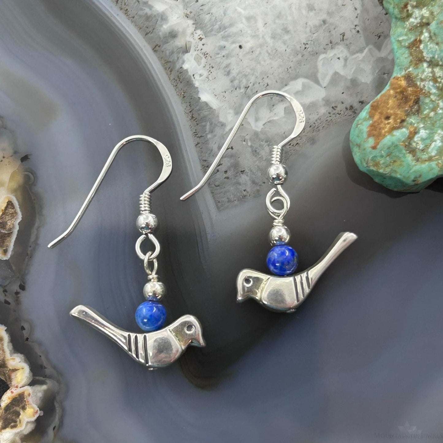 Carolyn Pollack Southwestern Style Sterling Silver Bird with Lapis Bead Dangle Earrings For Women