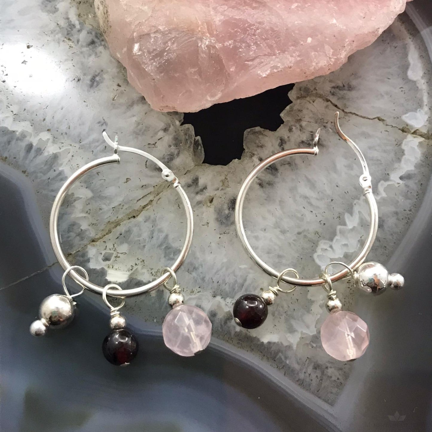 Carolyn Pollack Sterling Silver Removable Rose Quartz & Garnet Bead Hoop Earrings For Women