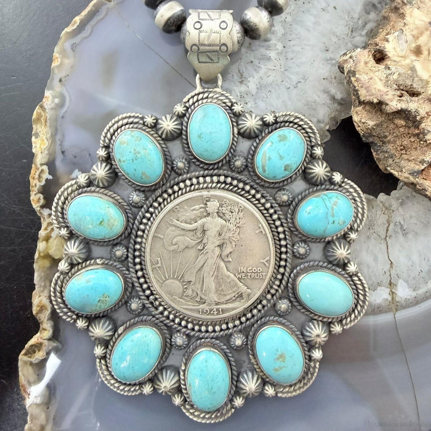 Genuine 1941 90% Silver Walking Liberty Half Dollar Coin w/Turquoise Unisex Pendant