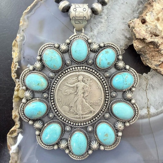 Genuine 1941 90% Silver Walking Liberty Half Dollar Coin w/Turquoise Unisex Pendant
