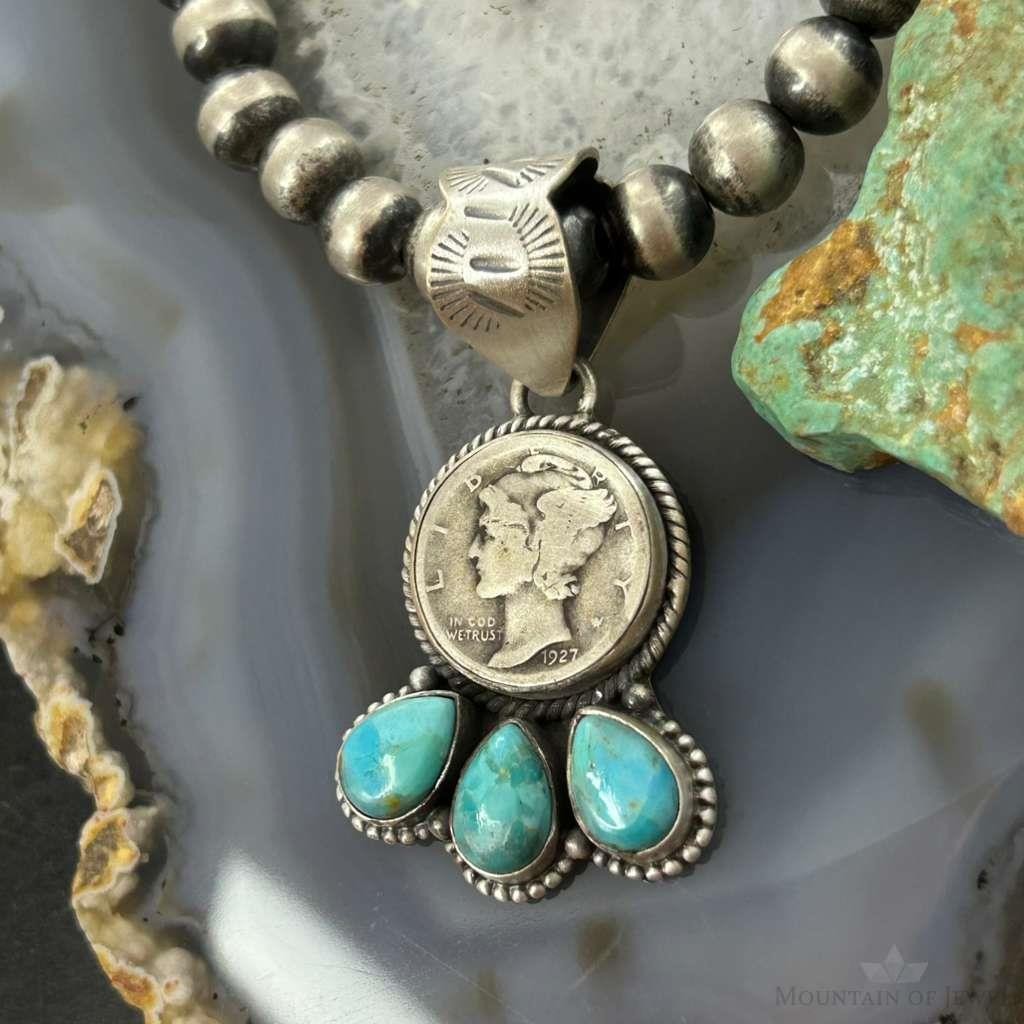Genuine 1927 90% Silver Mercury Dime Coin w/Teardrop Turquoise Decorated Unisex Pendant