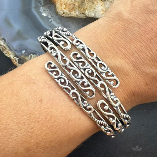 Carolyn Pollack Sterling Silver 4 Row Swirl Decorated Hinged Bracelet For Women