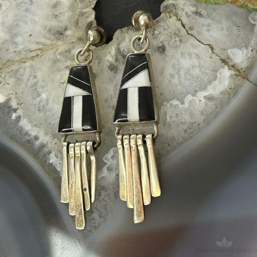 Vintage Native American Sterling Silver Onyx & MOP Inlay Dangle Earrings For Women