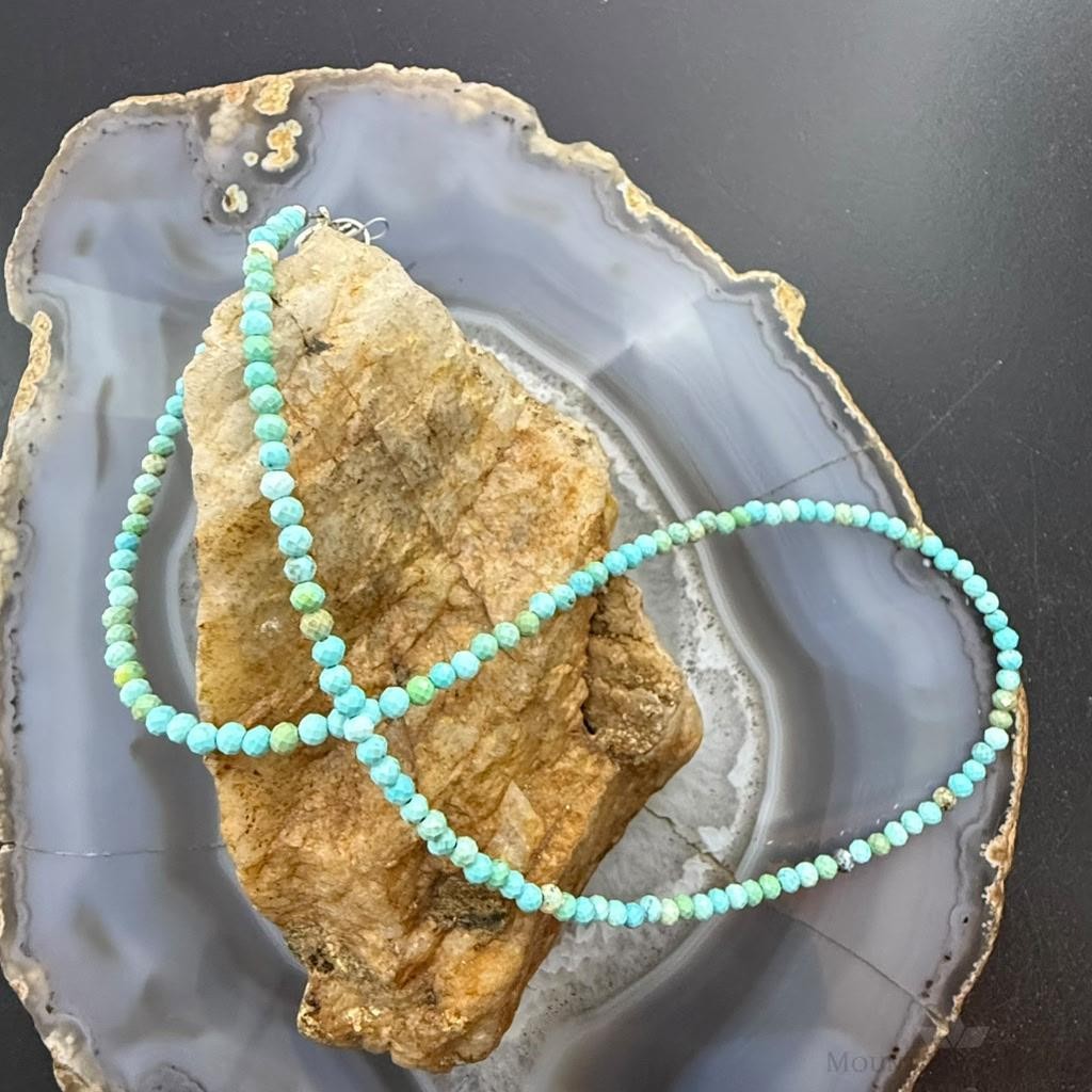 Sterling Silver Southwestern Style 3mm Faceted Turquoise Beads 17" Necklace For Women