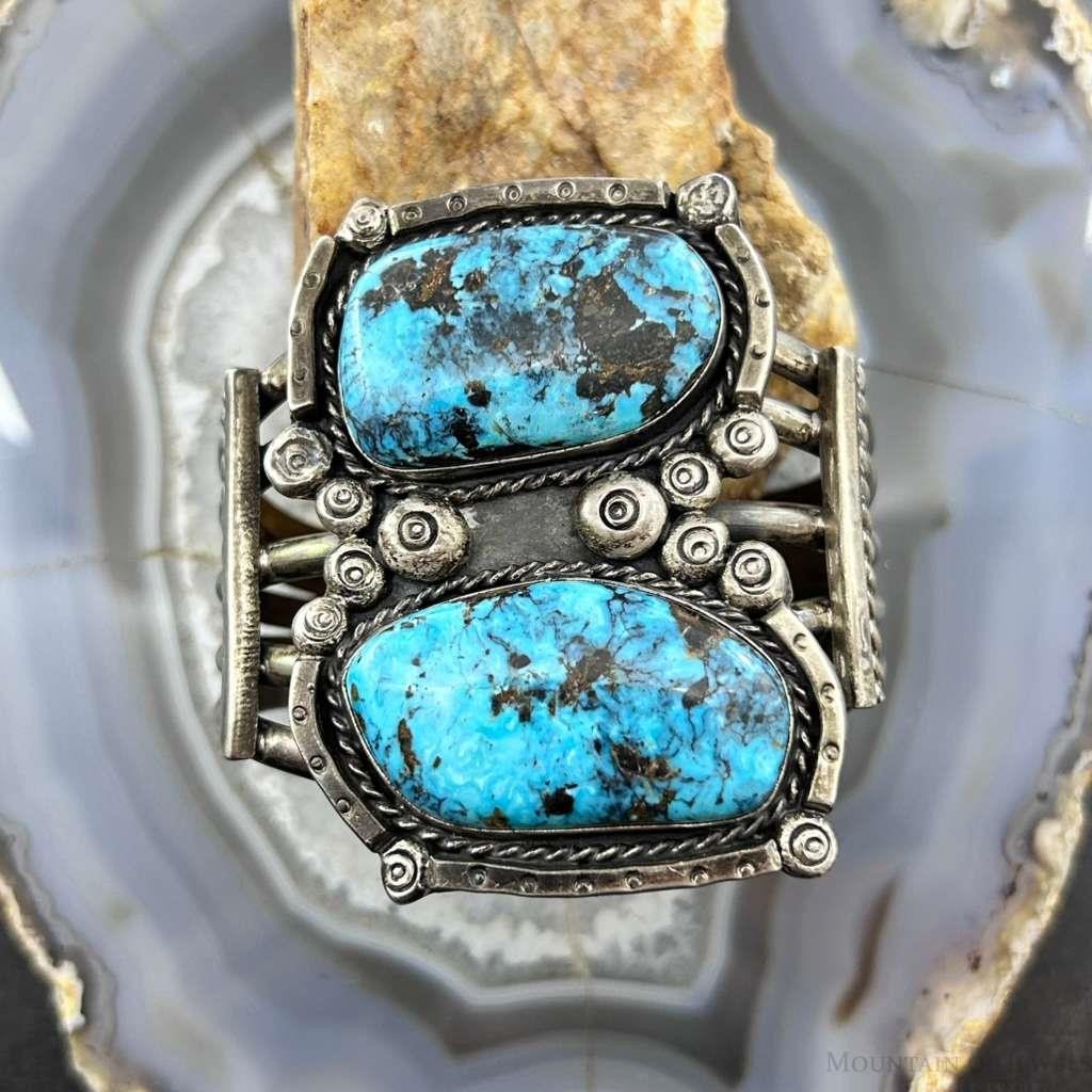 Vintage Native American Silver 2 Large Blue Diamond Turquoise Bracelet For Women