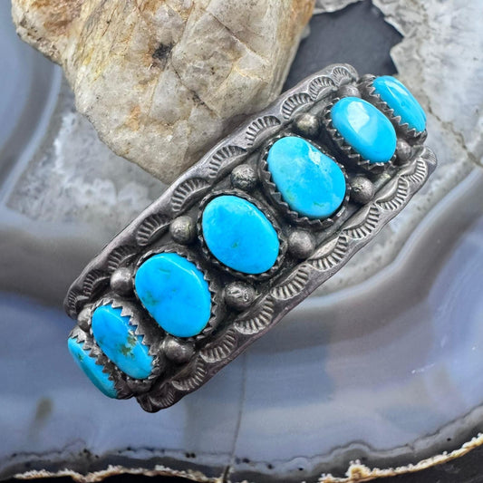 Tim Yazzie Vintage Native American Sterling Silver Turquoise Row Bracelet For Women