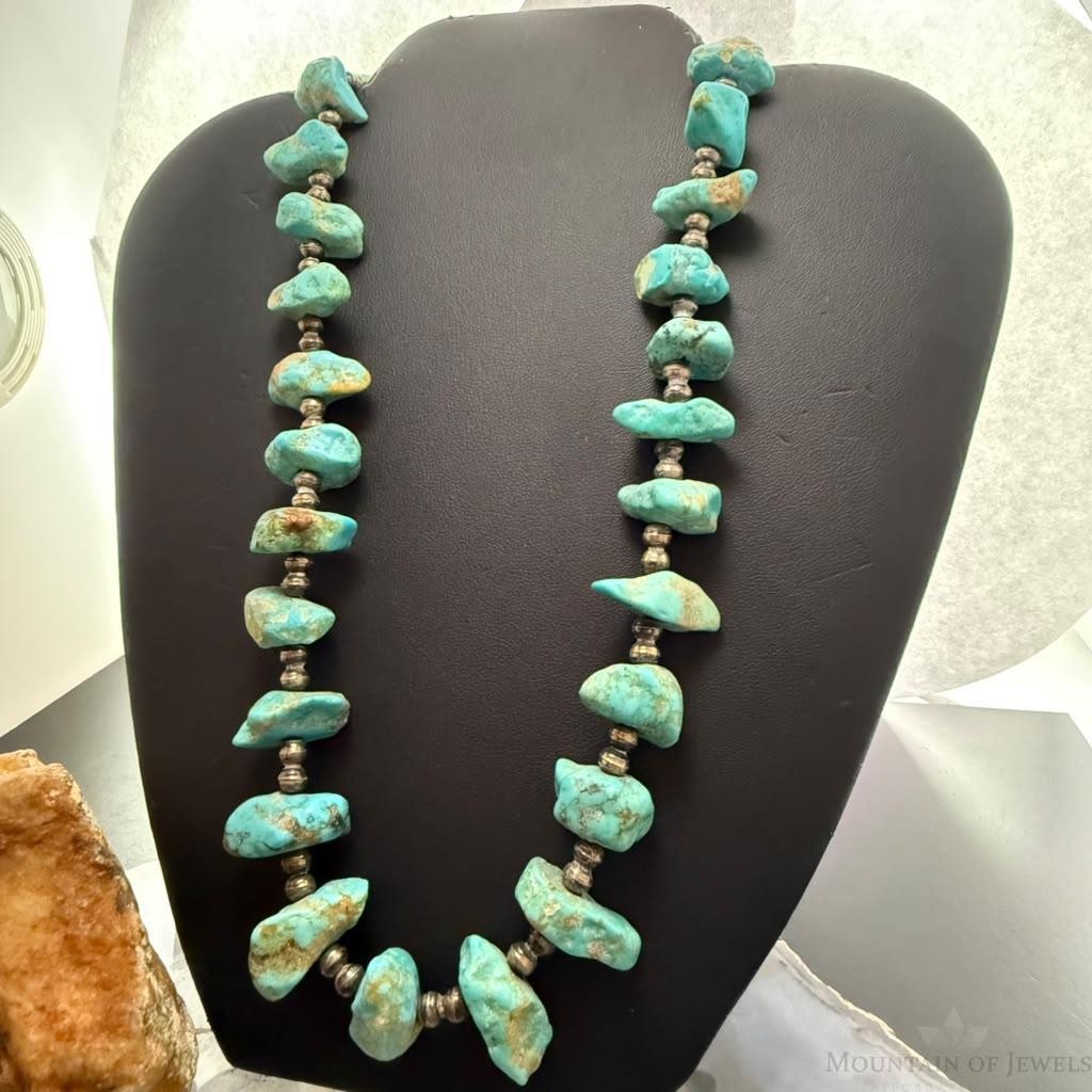 Vintage Sterling Silver Native American Natural Turquoise w/Silver Beads 27" Necklace For Women