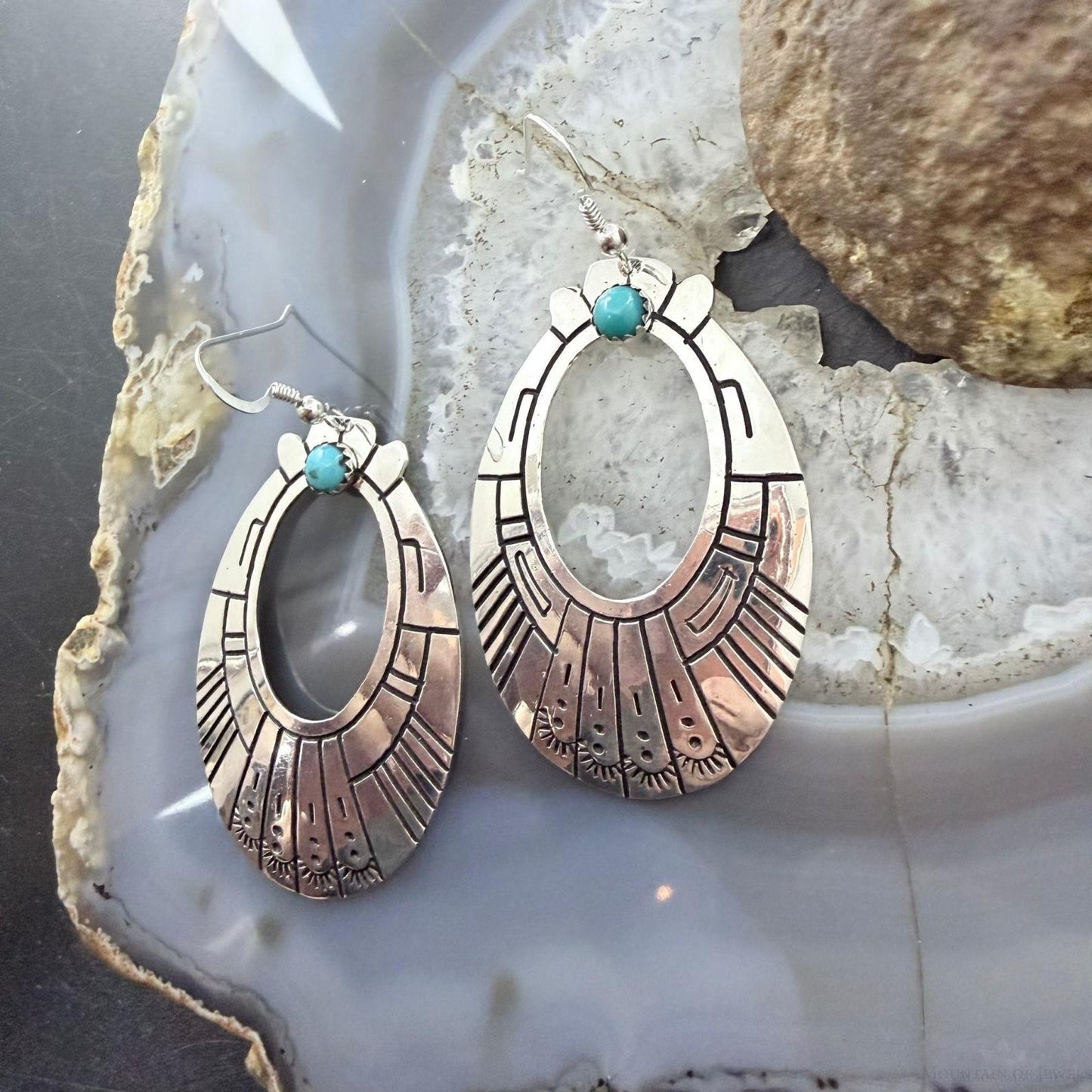 Tommy & Rosita Singer Sterling Silver Turquoise Dot Engraved Dangle Earrings For Women