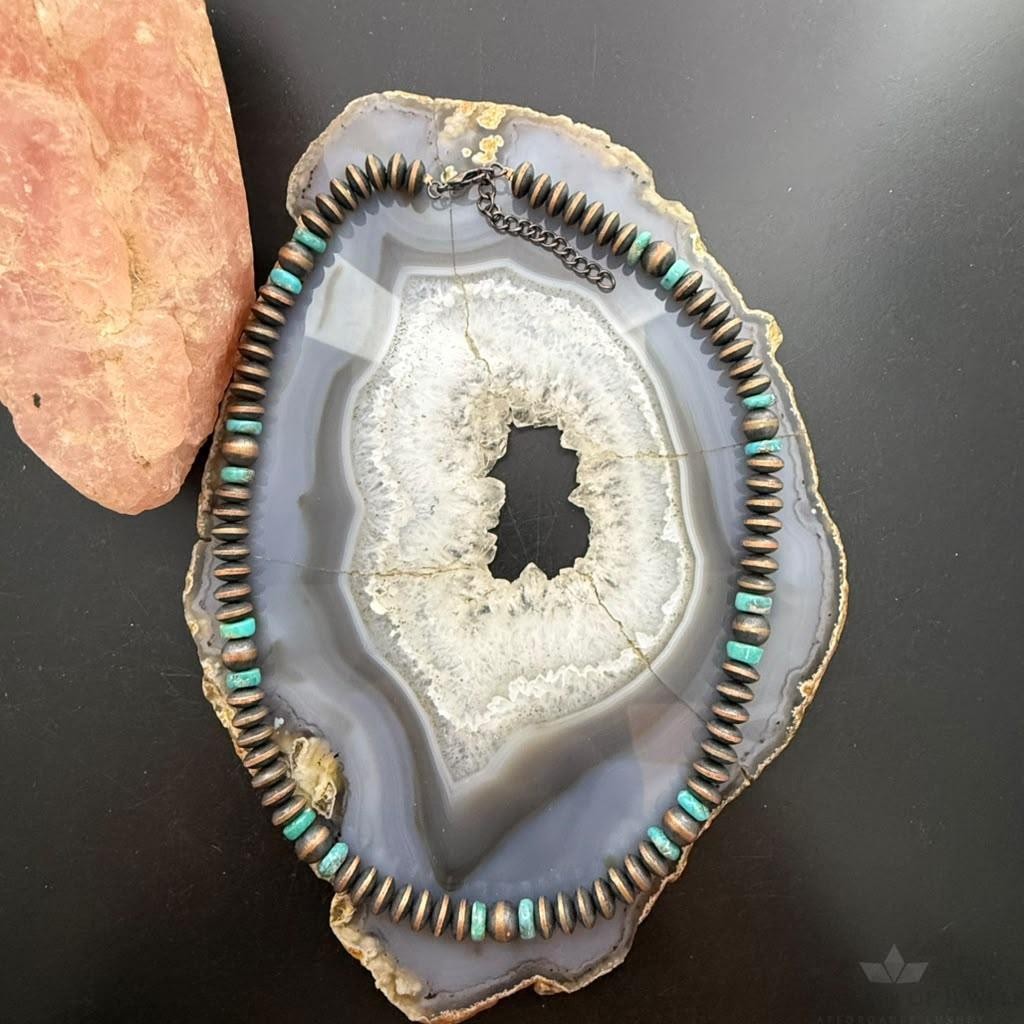 Southwestern Style Copper 8mm Navajo Pearl Saucer & Turquoise 18"-20" Necklace