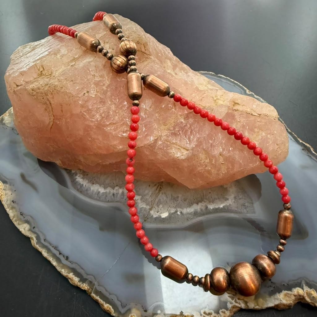 Southwestern Style Copper Navajo Pearl w/Red Coral Beads 18" Necklace For Women