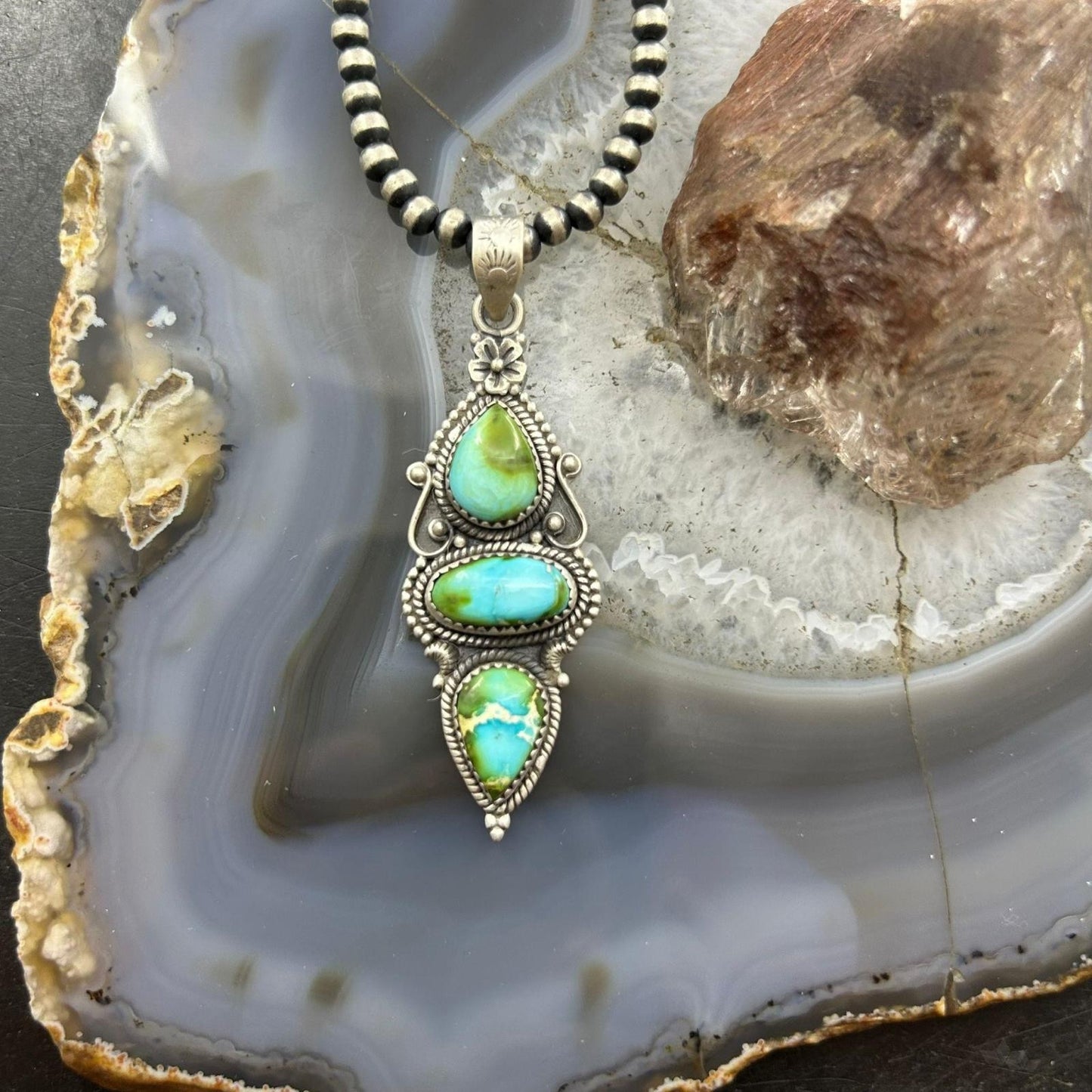 Sterling Silver Southwestern Style 3 Sonora Gold Turquoise Decorated Pendant For Women