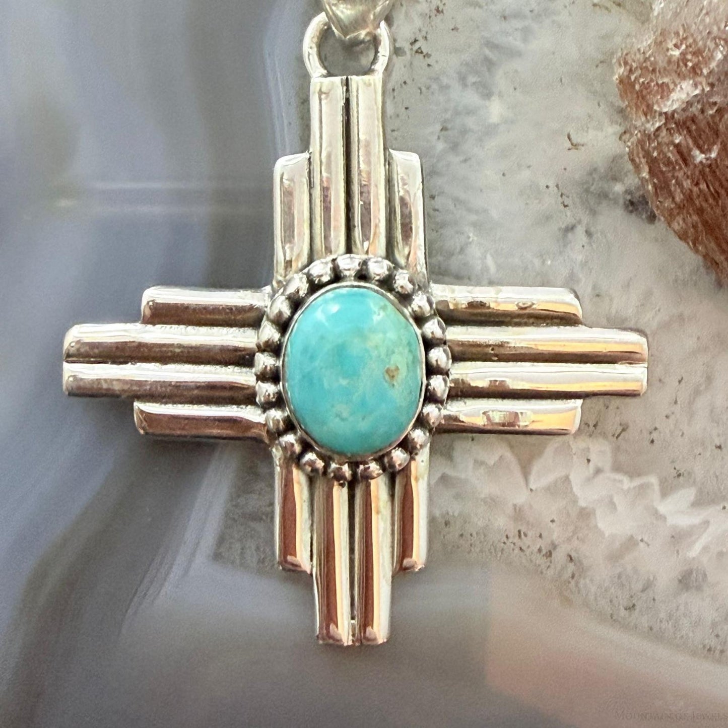Sterling Silver Southwestern Style Oval Mohave Turquoise Unisex Zia Pendant #1