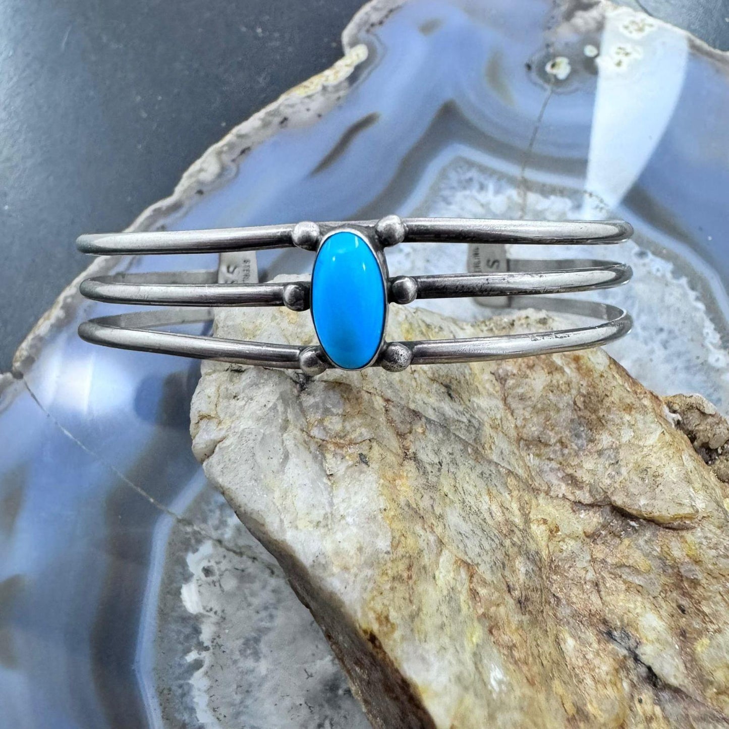 Signed Vintage Native American Sterling Silver Turquoise Split Shank Bracelet For Women