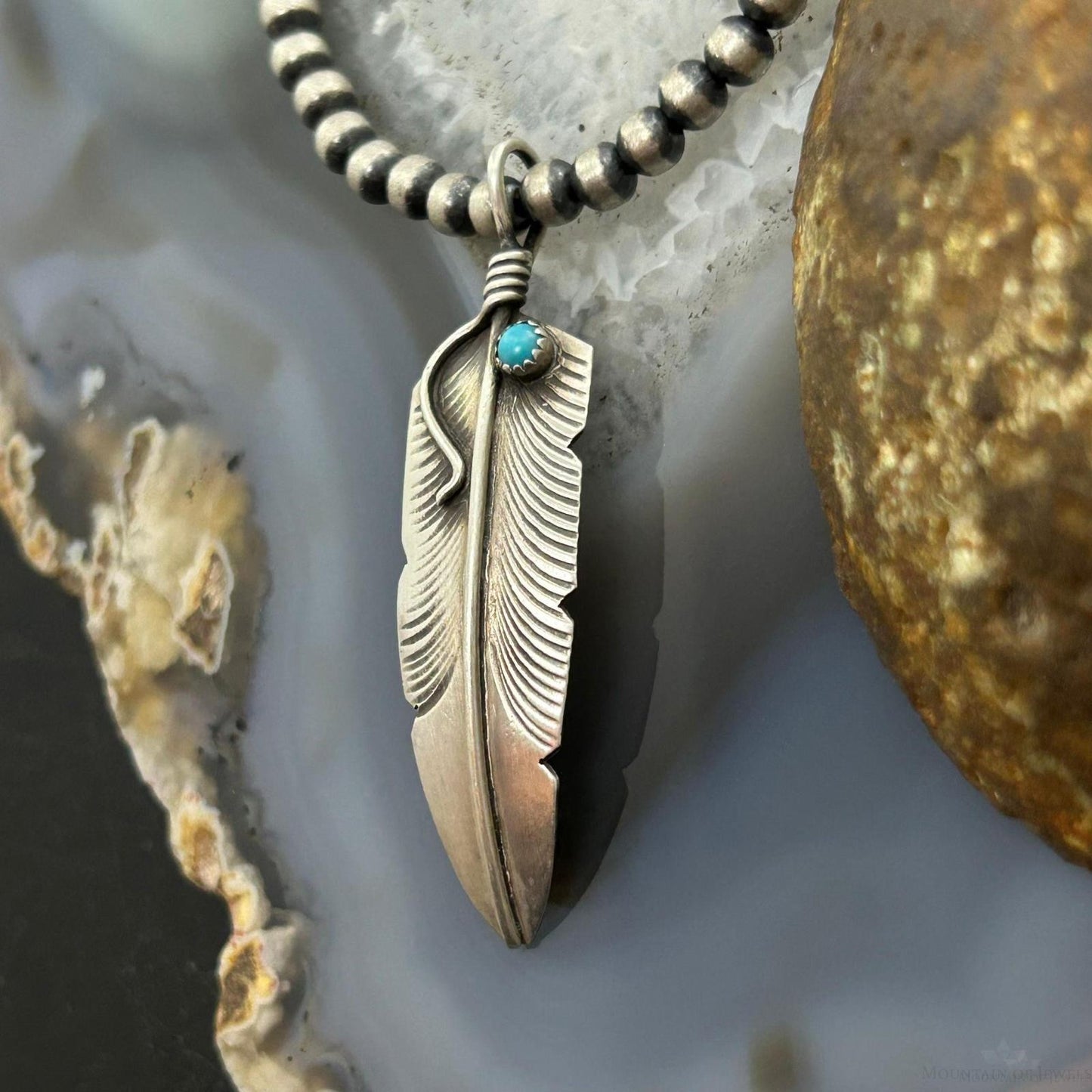 Chris Charley Native American Sterling Turquoise Dot Feather Unisex Pendant