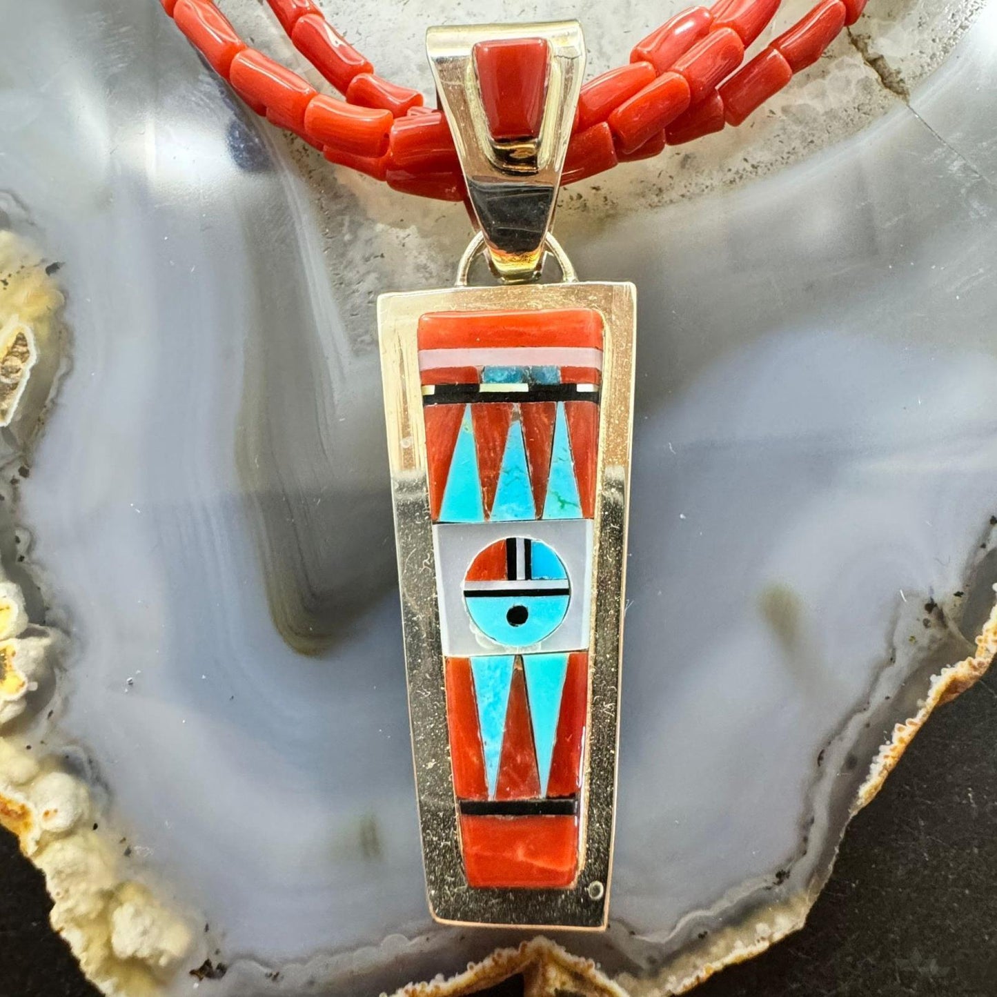 Rayland & Patty Edaakie Zuni Sterling Silver Coral & Multi Gemstone Inlay Pendant w/ Necklace For Women