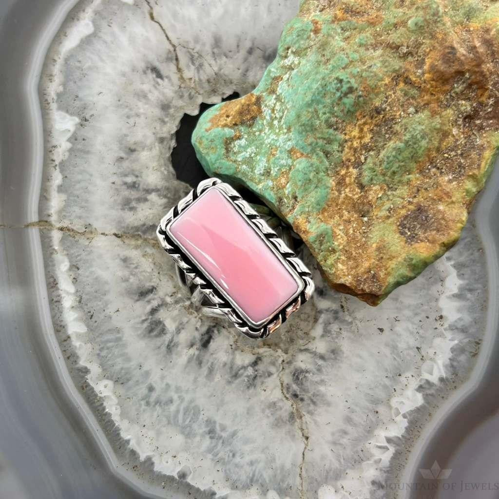 Native American Sterling Silver Rectangle Pink Conch Bar Ring Size 7.5 For Women