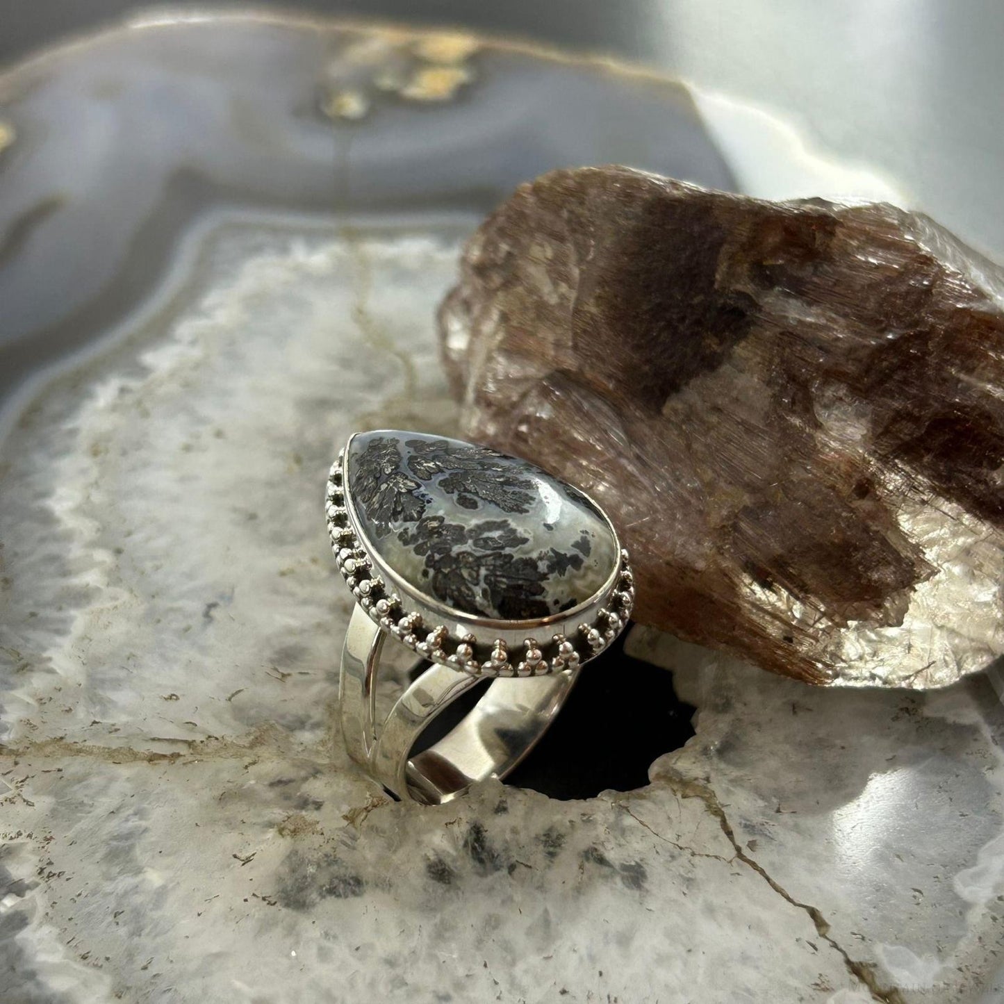Sterling Silver Southwestern Style Teardrop Parral Dendritic Agate Ring Size 9 For Women