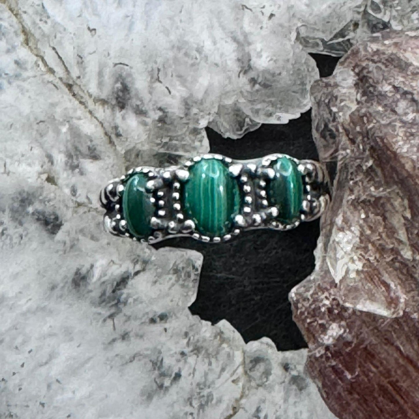 Carolyn Pollack Sterling Silver 3 Oval Malachite Decorated Ring For Women