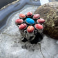 Native American Sterling Silver Turquoise &Spiny Oyster Adjustable Cluster Ring For Women