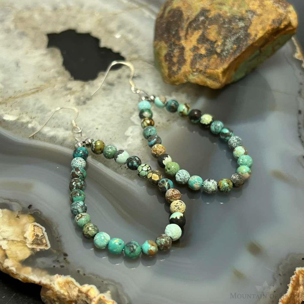 Sterling Silver Rounded Various Turquoise Beads Hoop Dangle Earrings For Women
