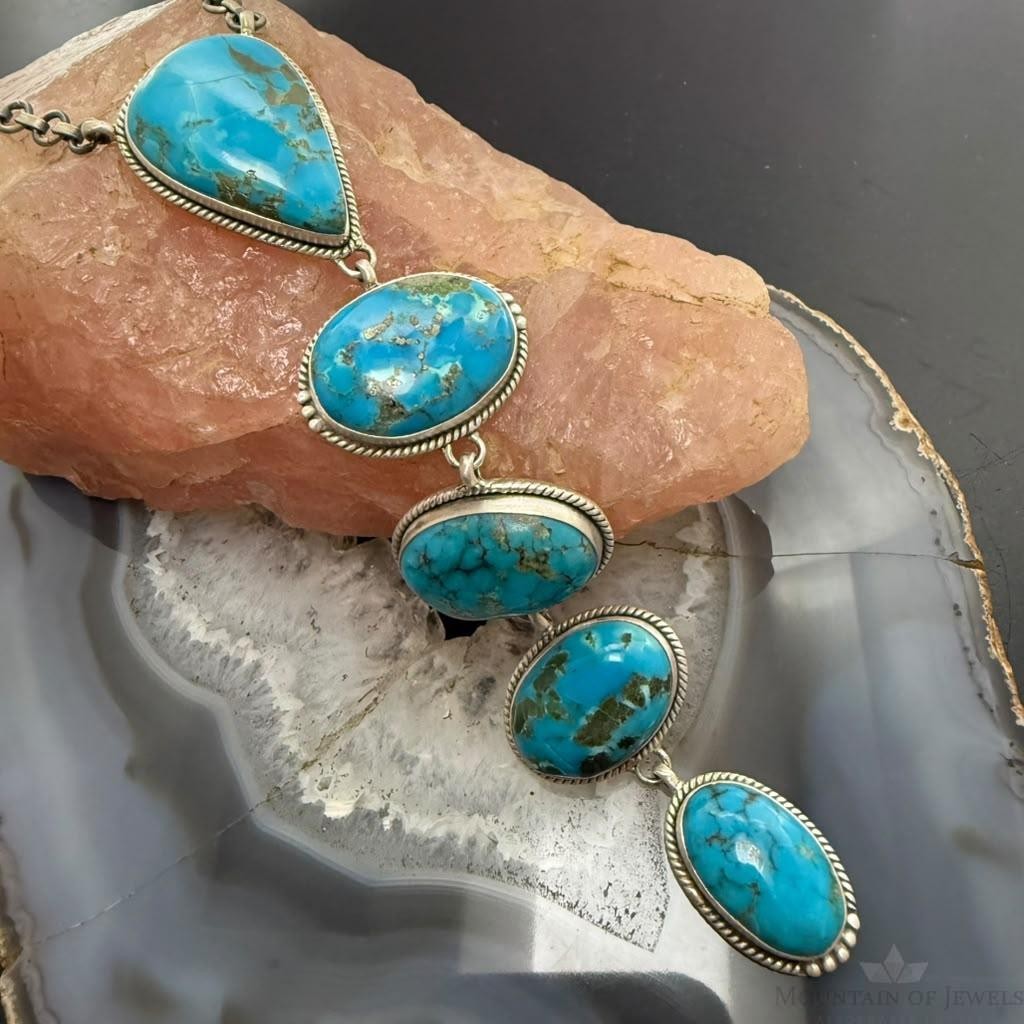 Sterling Silver Southwestern Style Kingman Turquoise Lariat 25" Necklace For Women