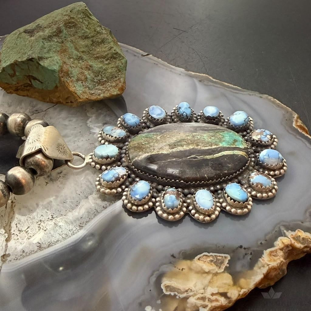 Sterling Silver Southwestern Style Blackjack &Golden Hill Turquoise Cluster Pendant For Women
