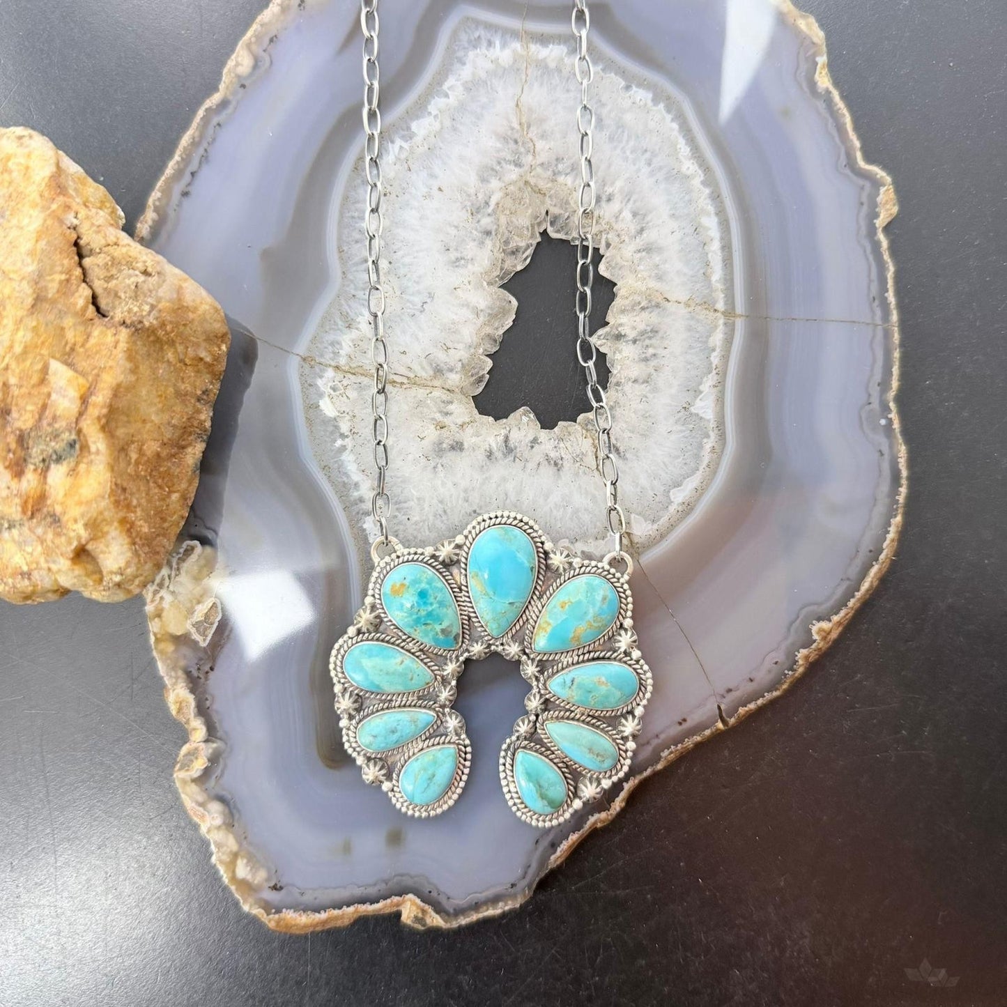 Sterling Silver Southwestern Style Teardrop Graduated Turquoise Naja Necklace For Women