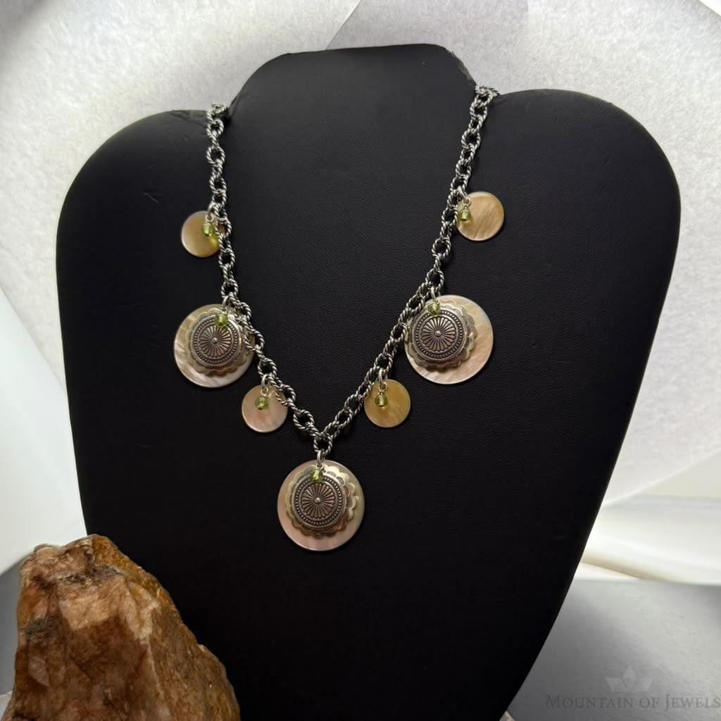 Carolyn Pollack Sterling MOP Disc, Peridot, Concho 19" Twisted Rope Necklace