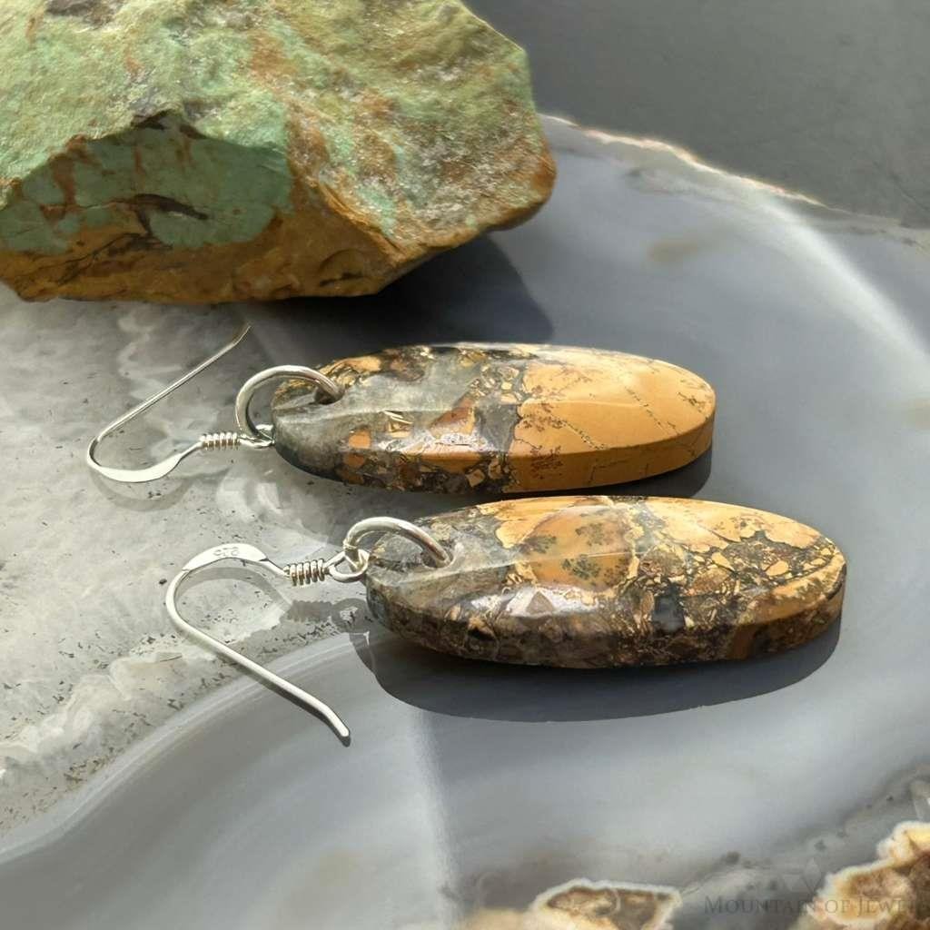 Sterling Silver Oval Maligano Jasper Slab Dangle Earrings For Women #530