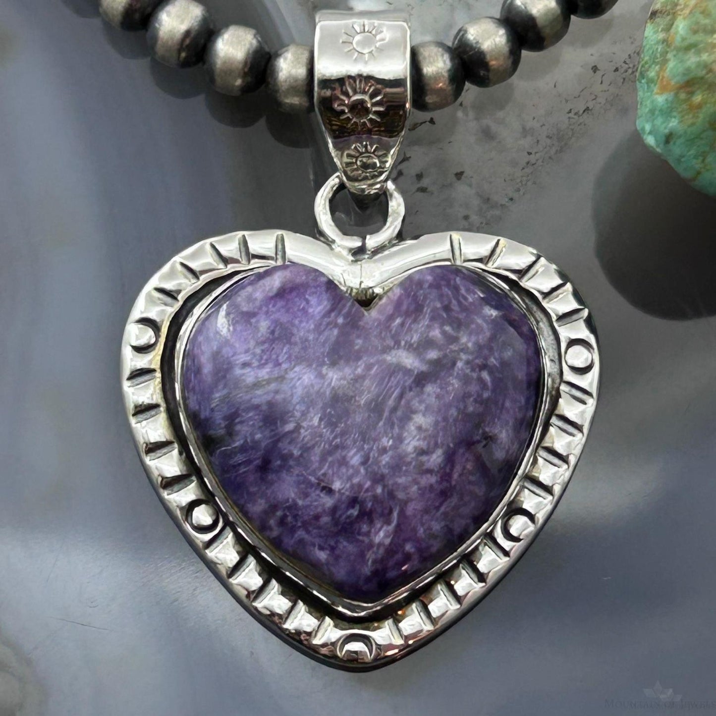 Sterling Silver Southwestern Style Charoite Decorated Heart Pendant For Women #2