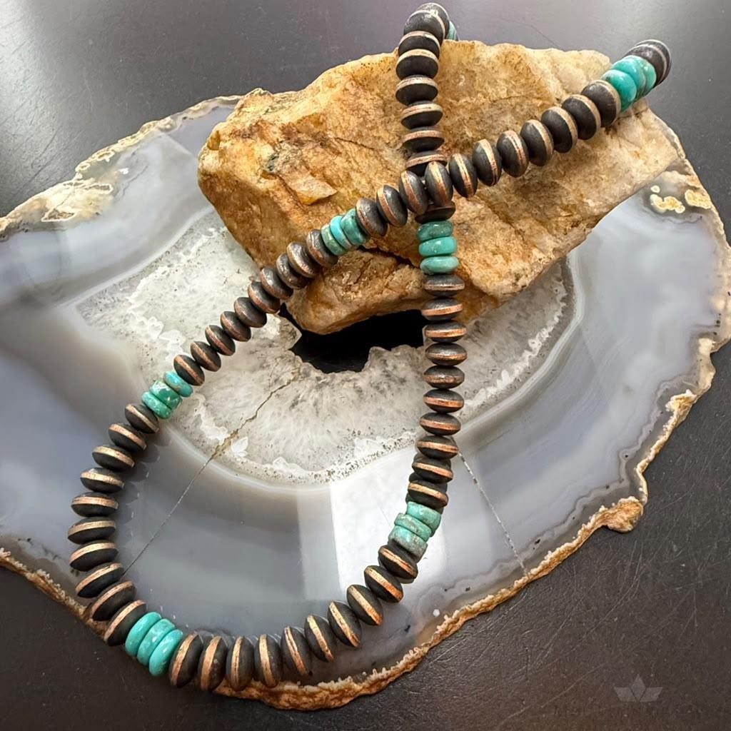 Southwestern Style 8mm Copper Navajo Pearl Saucer & Turquoise 18"-20" Necklace