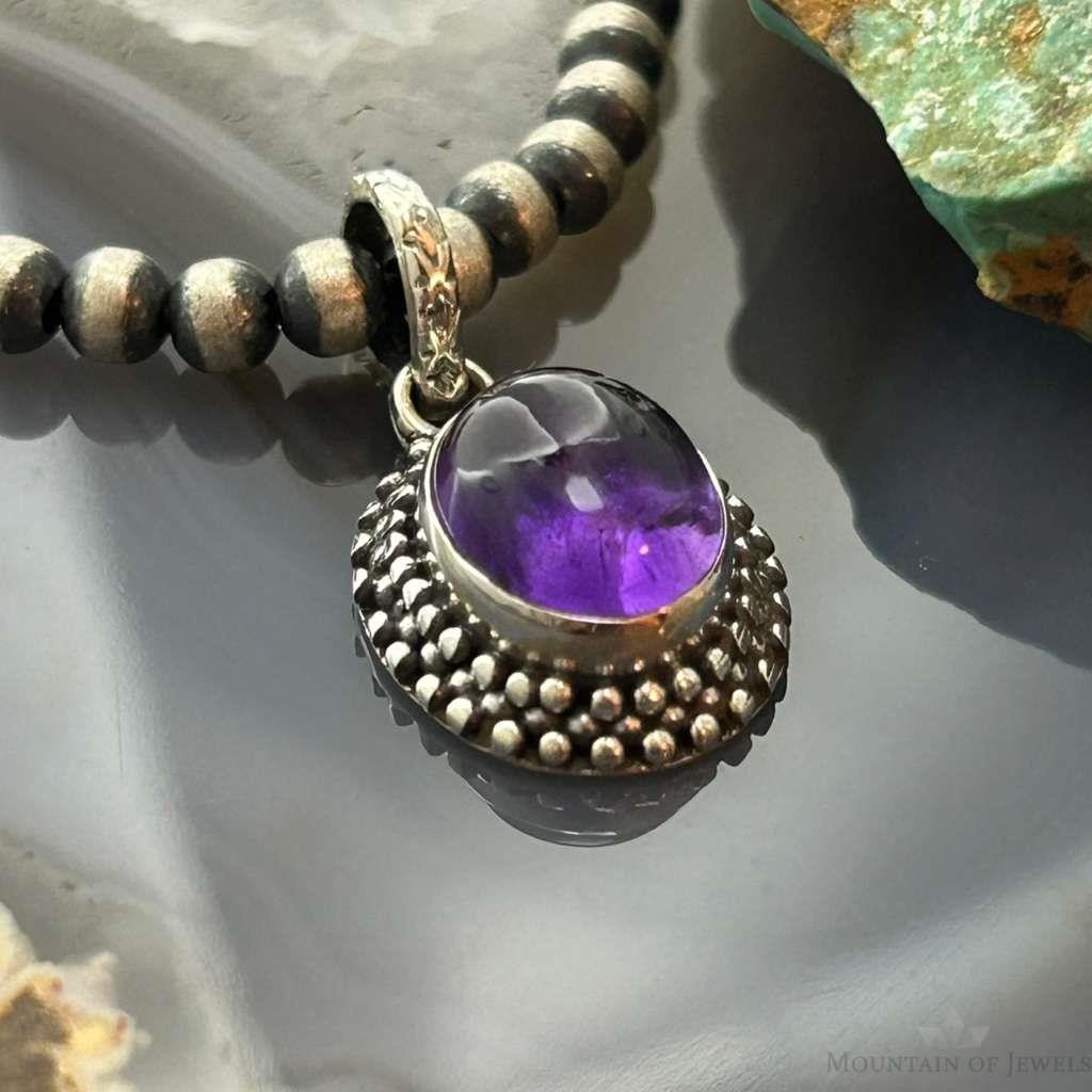 Sterling Silver Southwestern Style Oval Amethyst Decorated Charm/Pendant For Women