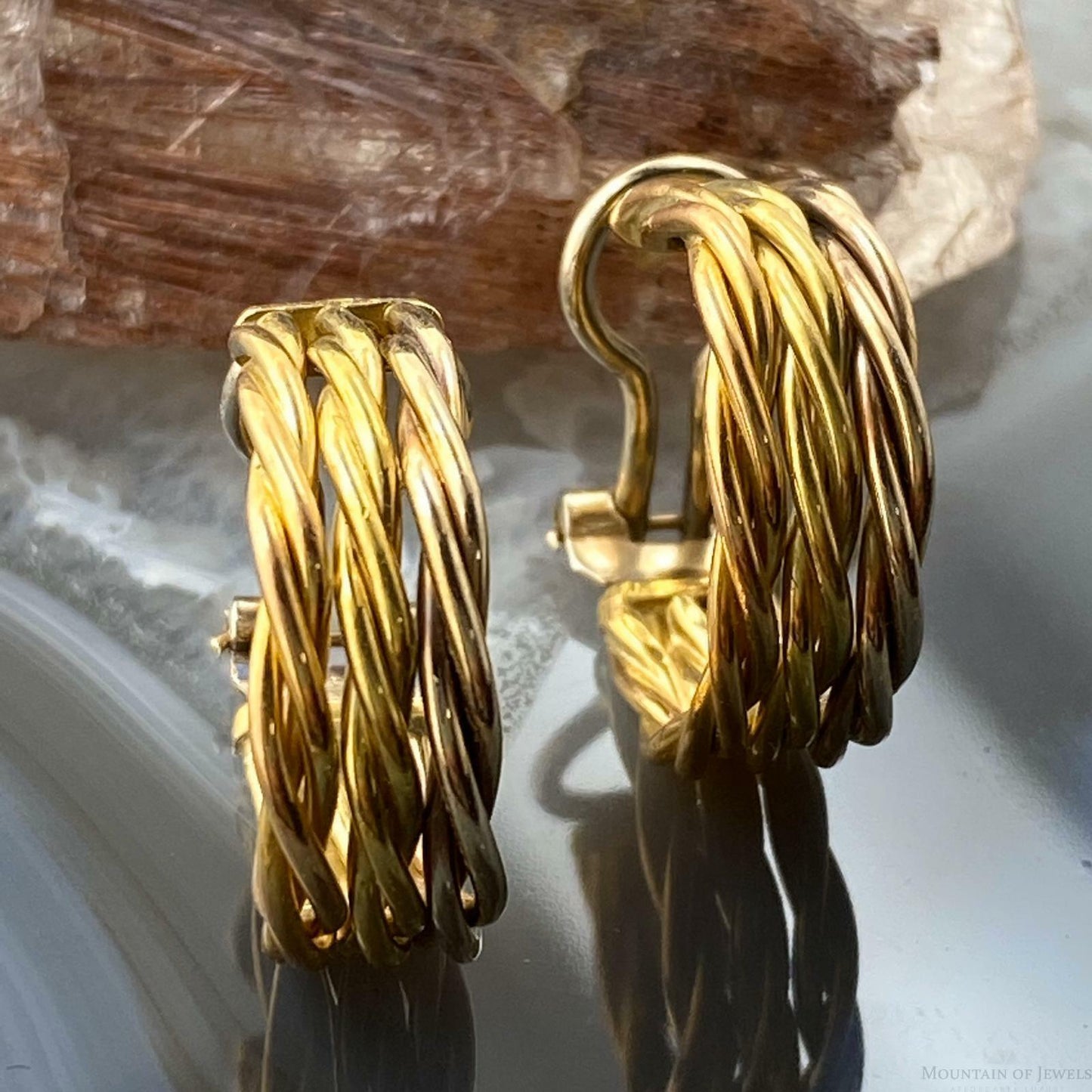 18K Tri Gold Braided Hoop Earrings For Women