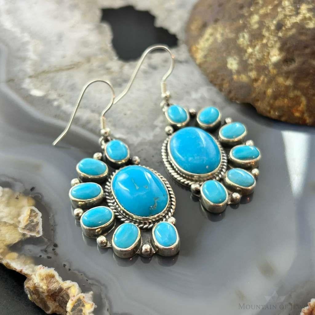 Native American Sterling Silver Turquoise Cluster Dangle Earrings For Women