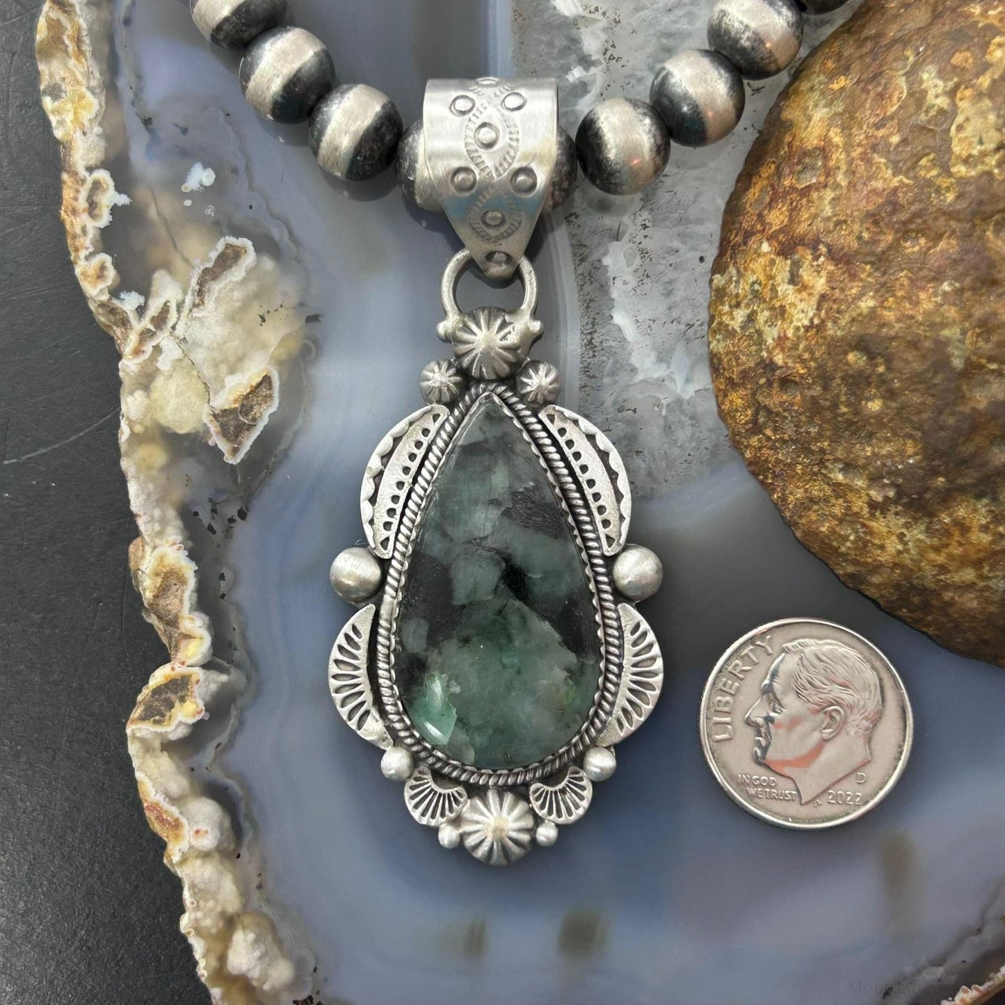 Sterling Silver Southwestern Style Teardrop Emerald Decorated Pendant For Women