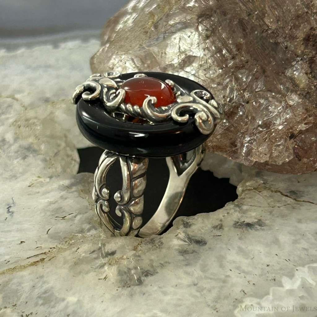 Carolyn Pollack Sterling Silver Black Agate & Carnelian Ring Size 8.25 For Women