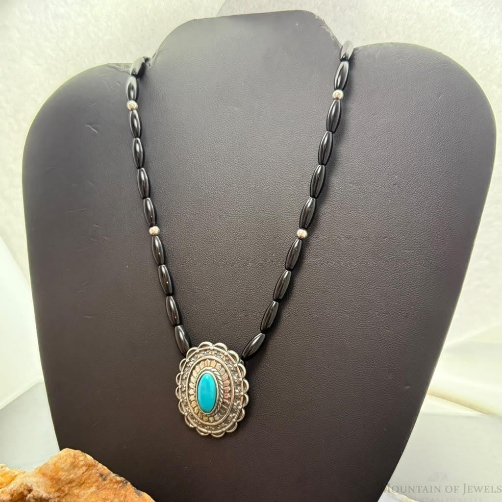 Carolyn Pollack Sterling Silver Turquoise Concho Pendant on Onyx Beads Necklace For Women