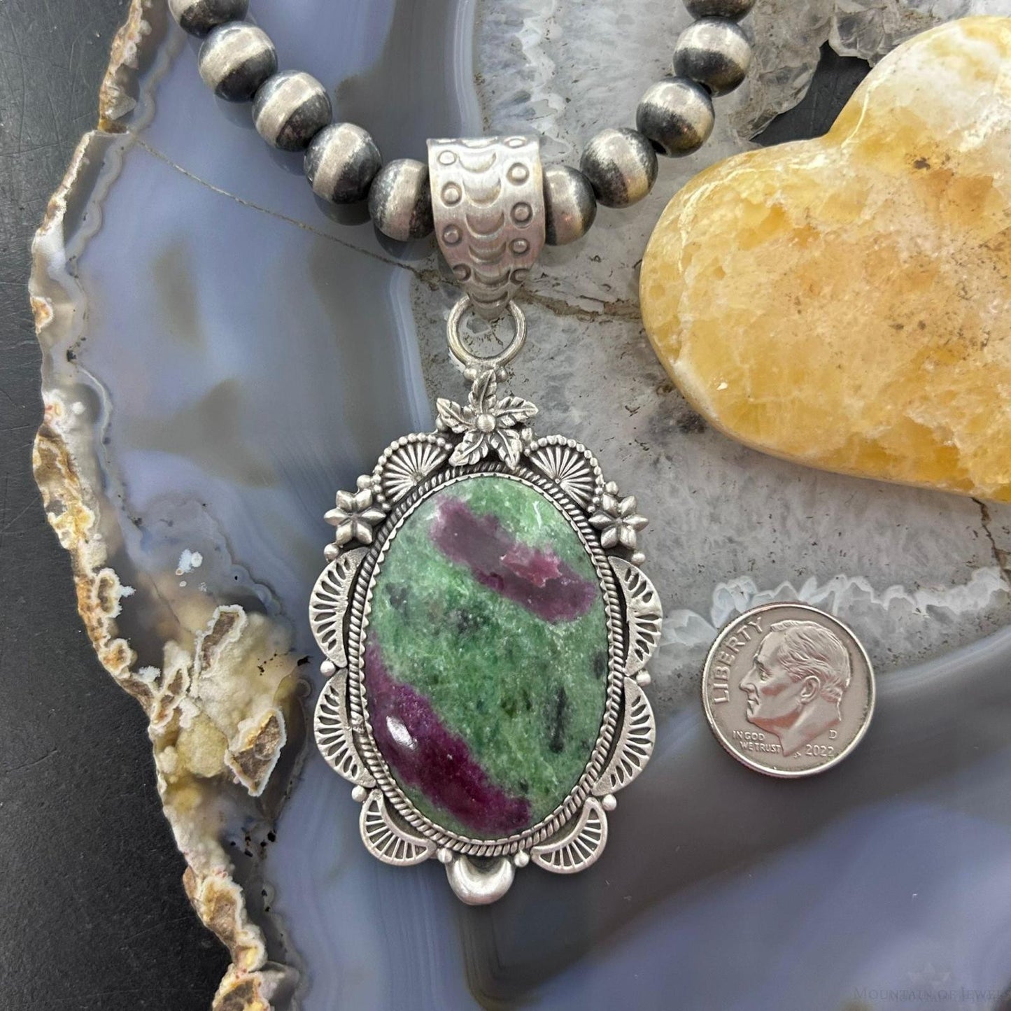 Sterling Silver Southwestern Style Oval Ruby Zoisite Decorated Pendant For Women