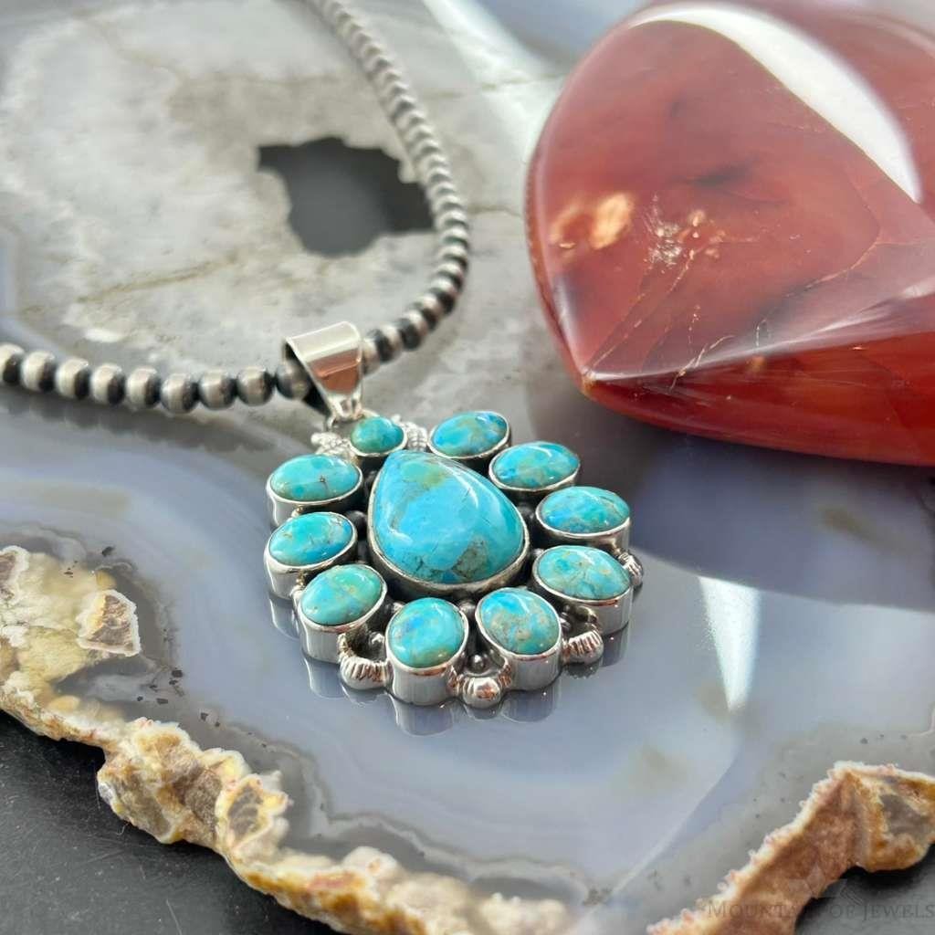 Sterling Silver Southwestern Style Mohave Turquoise Cluster Pendant For Women #1
