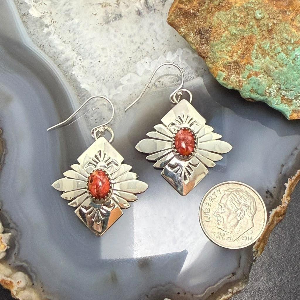 Michael Nez Sterling Silver Spiny Oyster Pueblo Life Dangle Earrings For Women