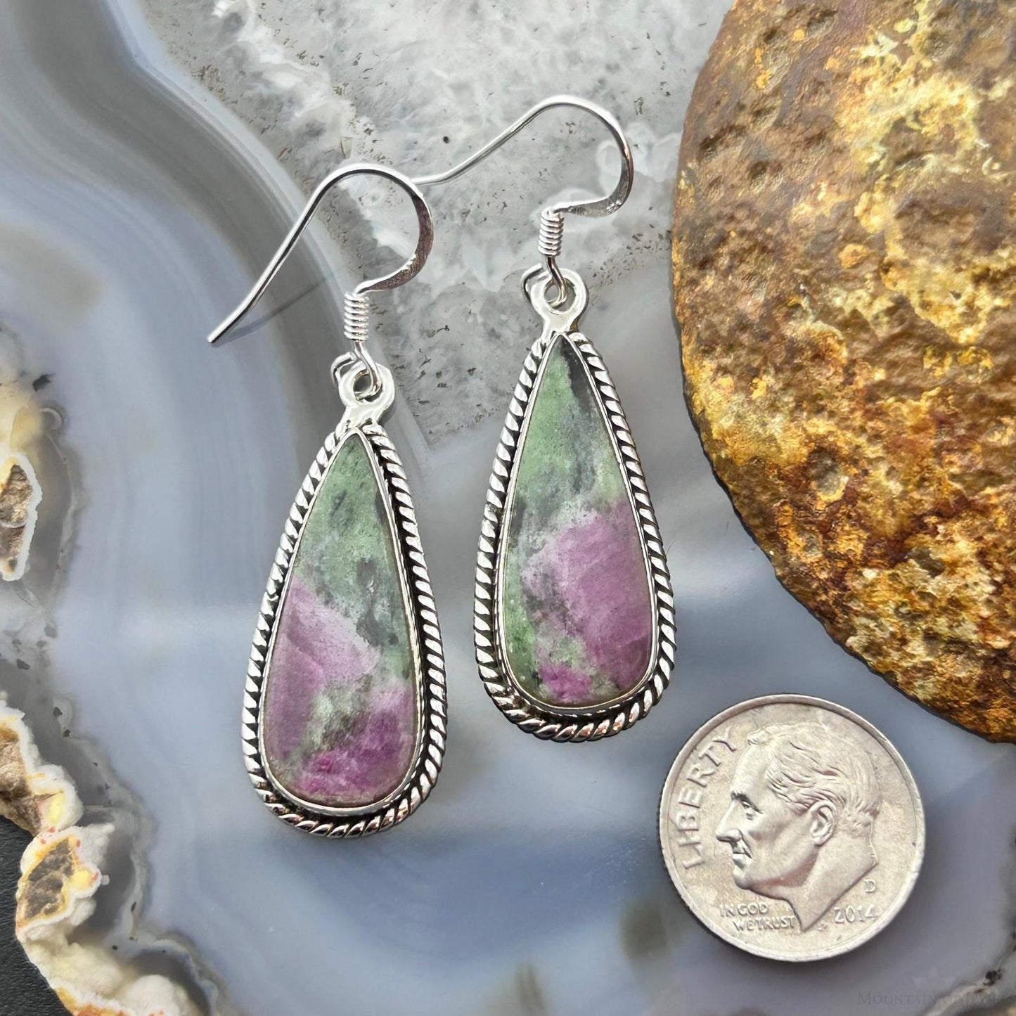 Sterling Silver Southwestern Style Teardrop Ruby Zoisite Dangle Earrings For Women
