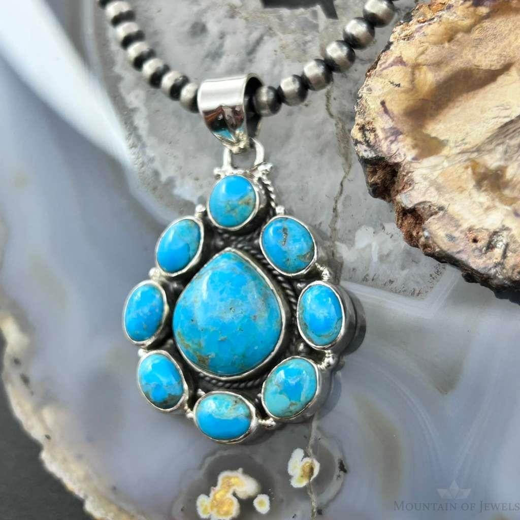 Sterling Silver Southwestern Style Mohave Turquoise Cluster Pendant For Women #2
