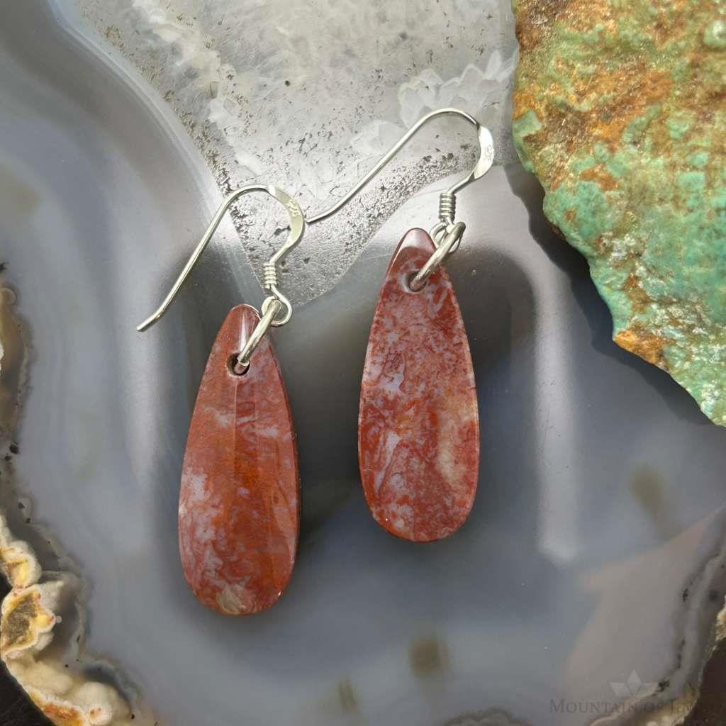 Sterling Silver Teardrop Plum Moss Agate Slab Dangle Earrings For Women #535